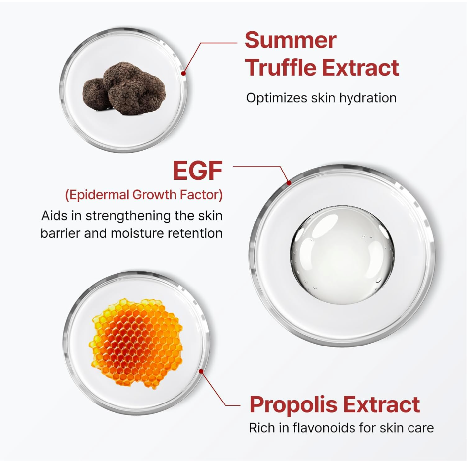 Diagram of Summer Truffle Extract, EGF, and Propolis Extract with their respective benefits on a white background, Centellian24 Madeca Derma Mask lll Intensive Formula 10ea