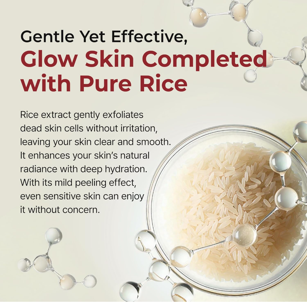 Advertisement for a skincare product with rice extract, showing text and a close-up of rice grains, Dr.Melaxin PEEL SHOT EXFOLIATING WHITE RICE AMPOULE 80ml