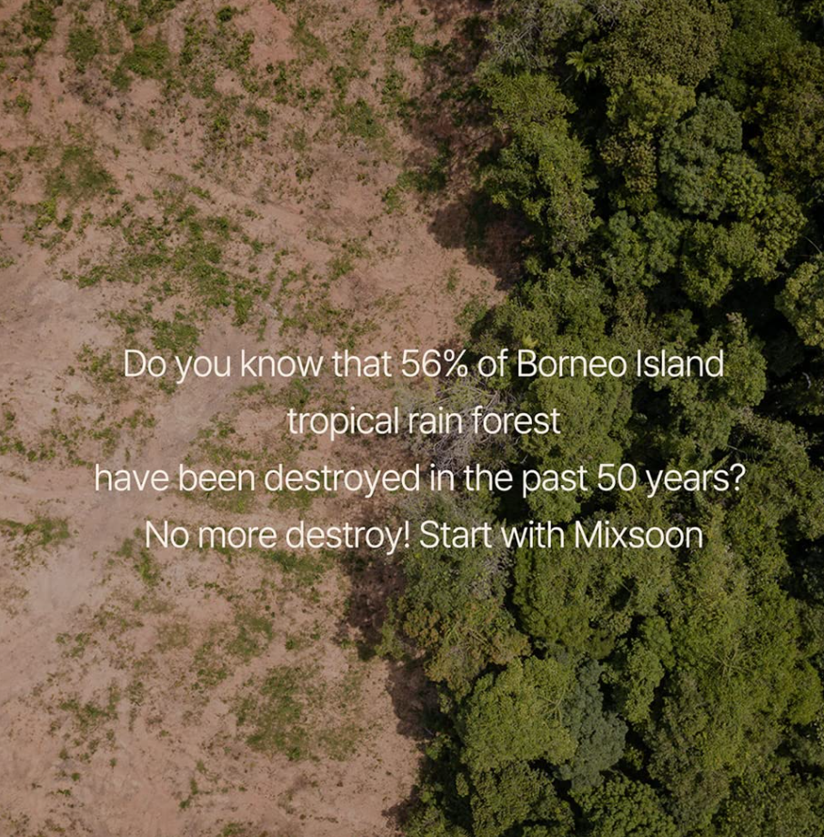 Aerial view of a tropical rainforest with deforested area, text about forest destruction, and Mixsoon branding, Mixsoon Vegan Melting Lip Balm 01 Clear 4.1g