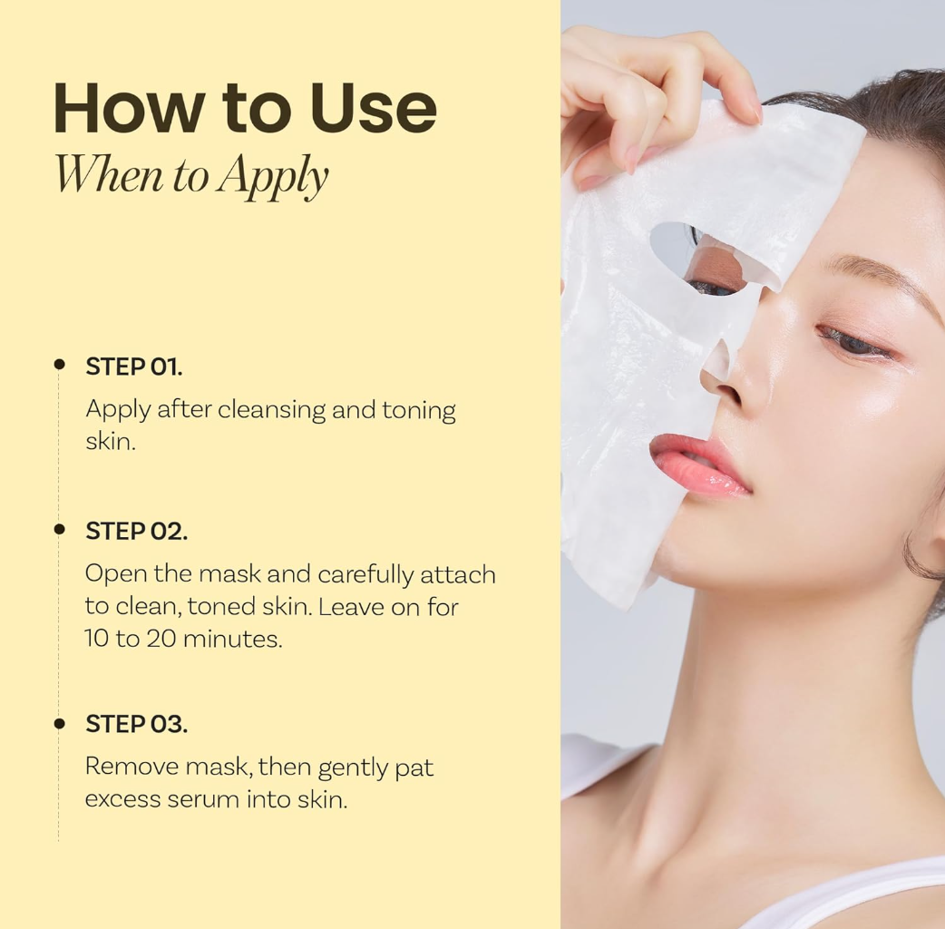 Instructions on how to use a facial mask with a woman applying it, ONGREDIENTS Skin Barrier Calming Mask 6pcs