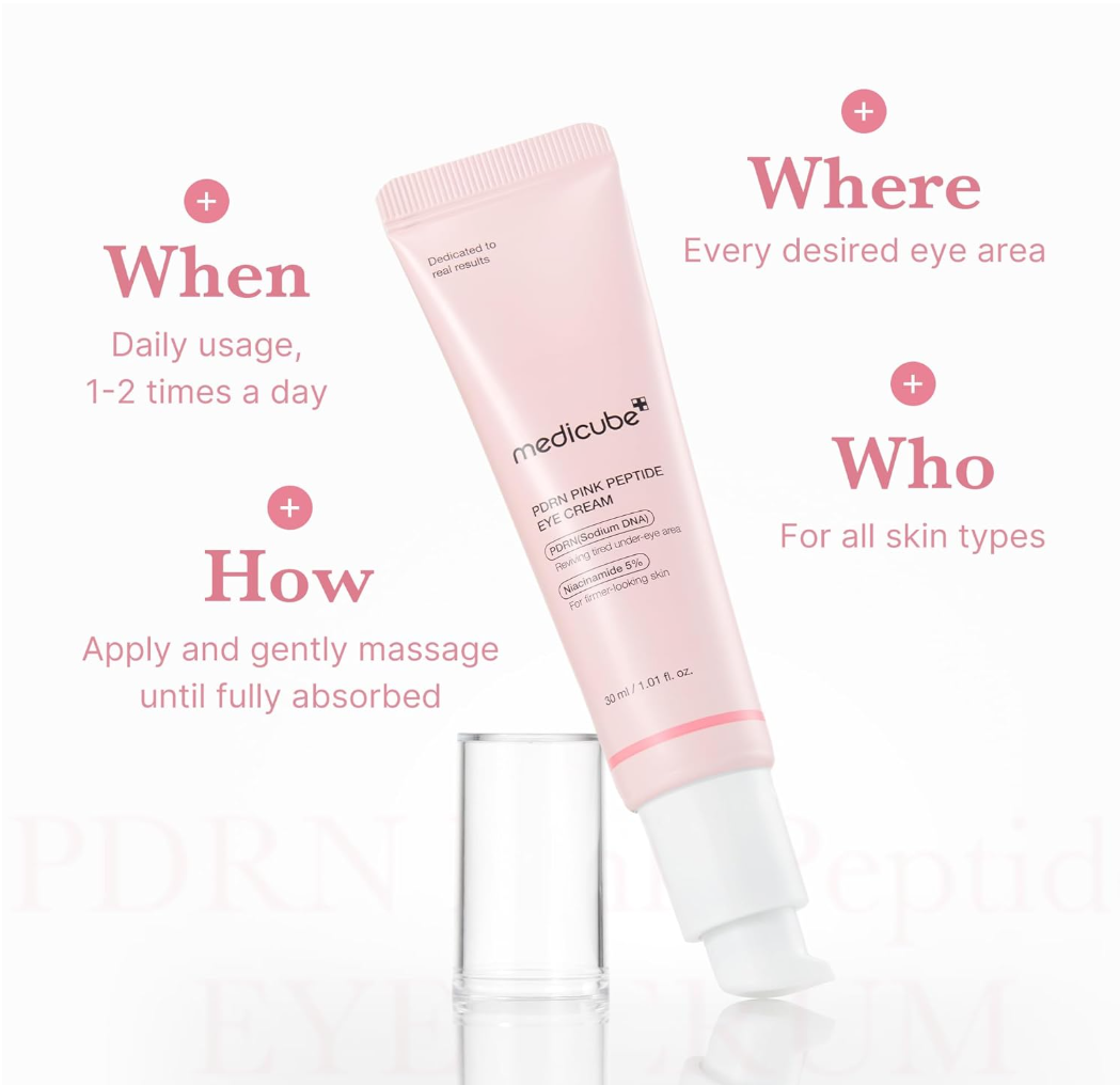 Pink eye cream tube with usage instructions on a white background, Medicube PDRN Pink Peptide Eye Cream 30ml