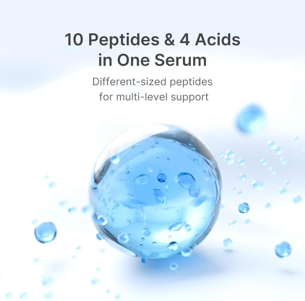 Serum droplet with text about peptides and acids on a light blue backgroundm Medicube Zero Pore One Day Peptide Serum 30ml