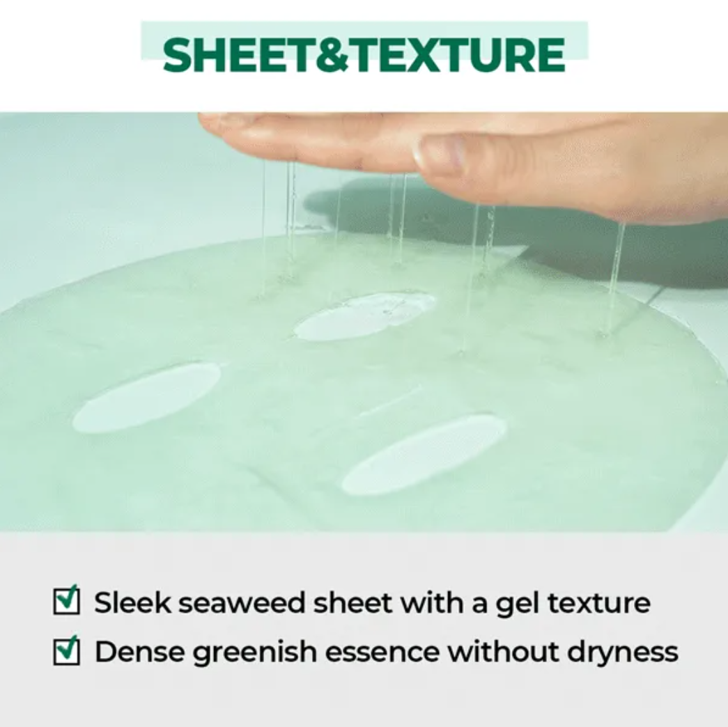 Seaweed sheet with gel texture and greenish essence, held by a hand, Numbuzin No.1 Dewy Glow Spa Sheet Mask 1pc