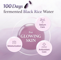 Advertisement for 100 Days fermented Black Rice Water with benefits for glowing skin on a light purple background, I'm From Black Rice Toner 150ml