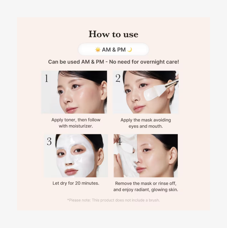 Instructions on how to use a facial mask with step-by-step guidance, Medicube Collagen Milk Toning Wrapping Mask 75ml