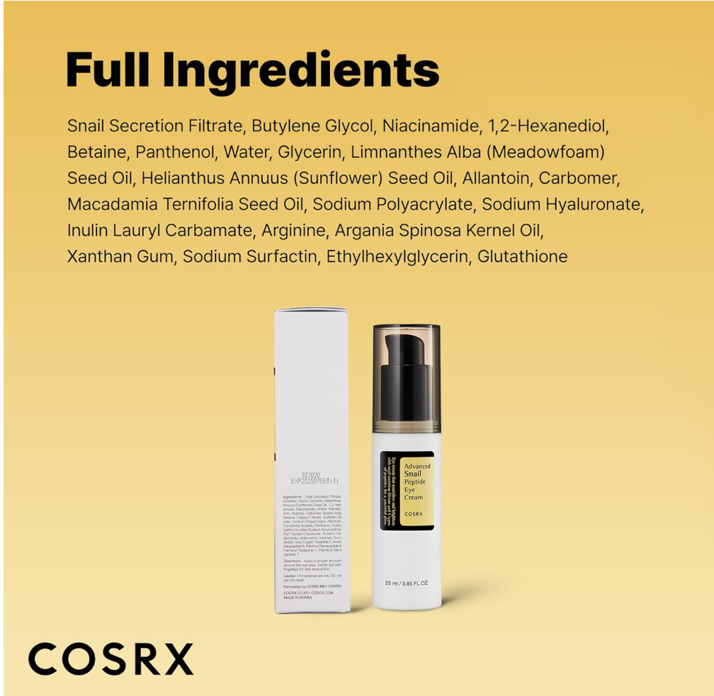 Cosrx skincare product with full ingredient list on a yellow background, Cosrx advanced snail Peptide eye cream 25ml
