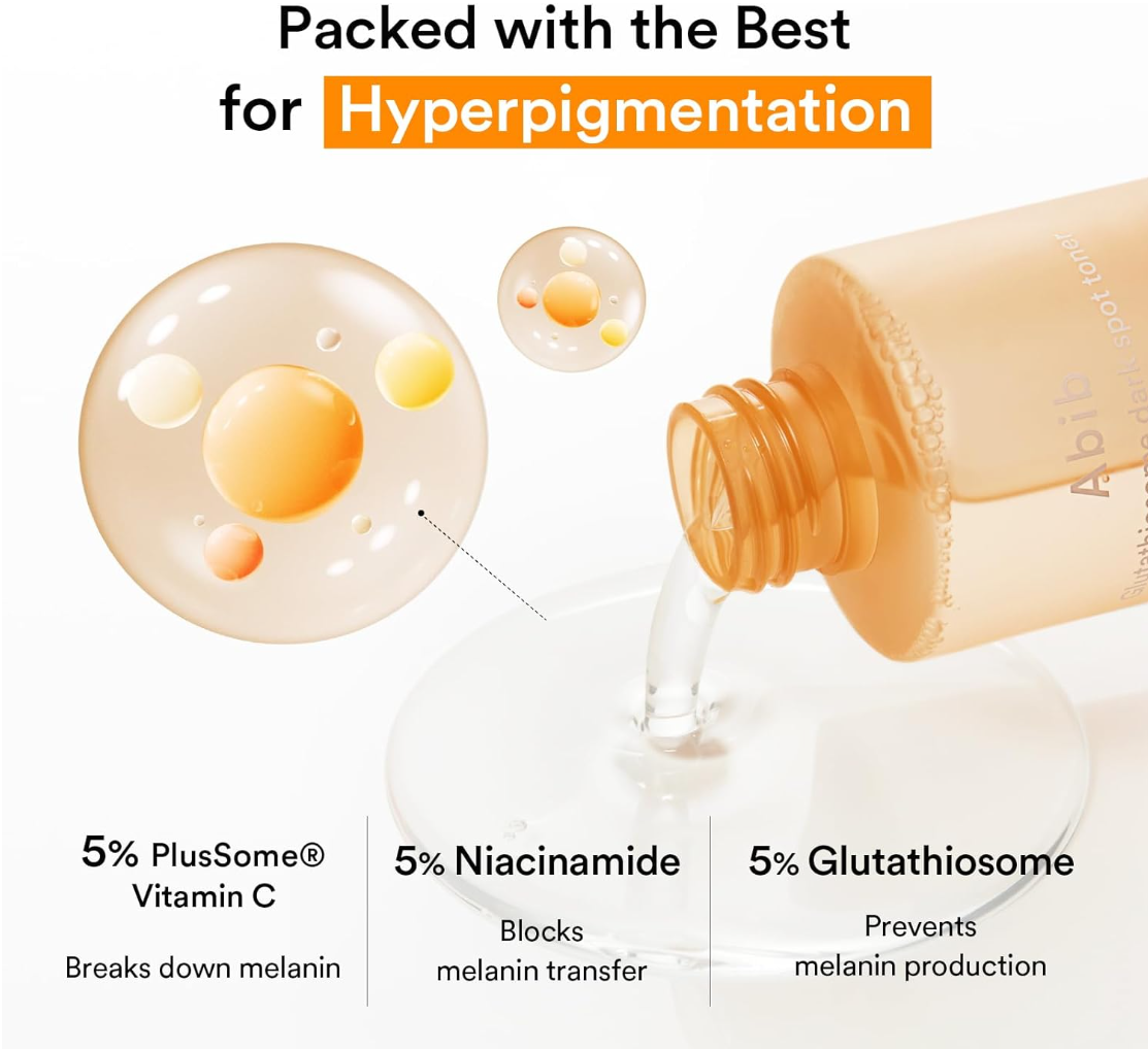 Skincare product with text highlighting ingredients for hyperpigmentation treatment on a white background, Abib Glutathiosome Dark Spot Toner 200ml