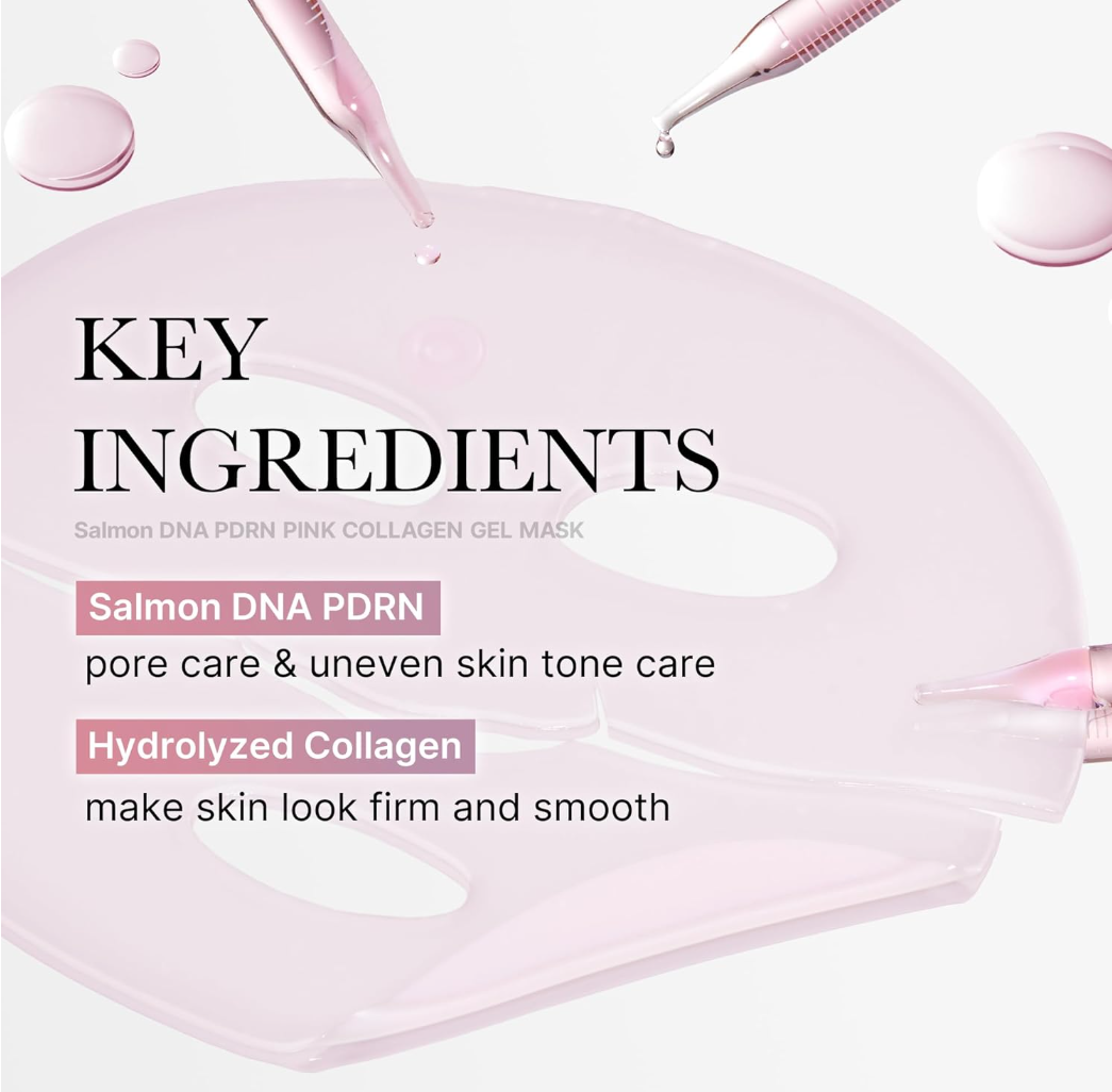 Pink collagen gel mask with text detailing key ingredients on a light pink background, Medicube PDRN Pink Collagen Gel Mask 4pcs