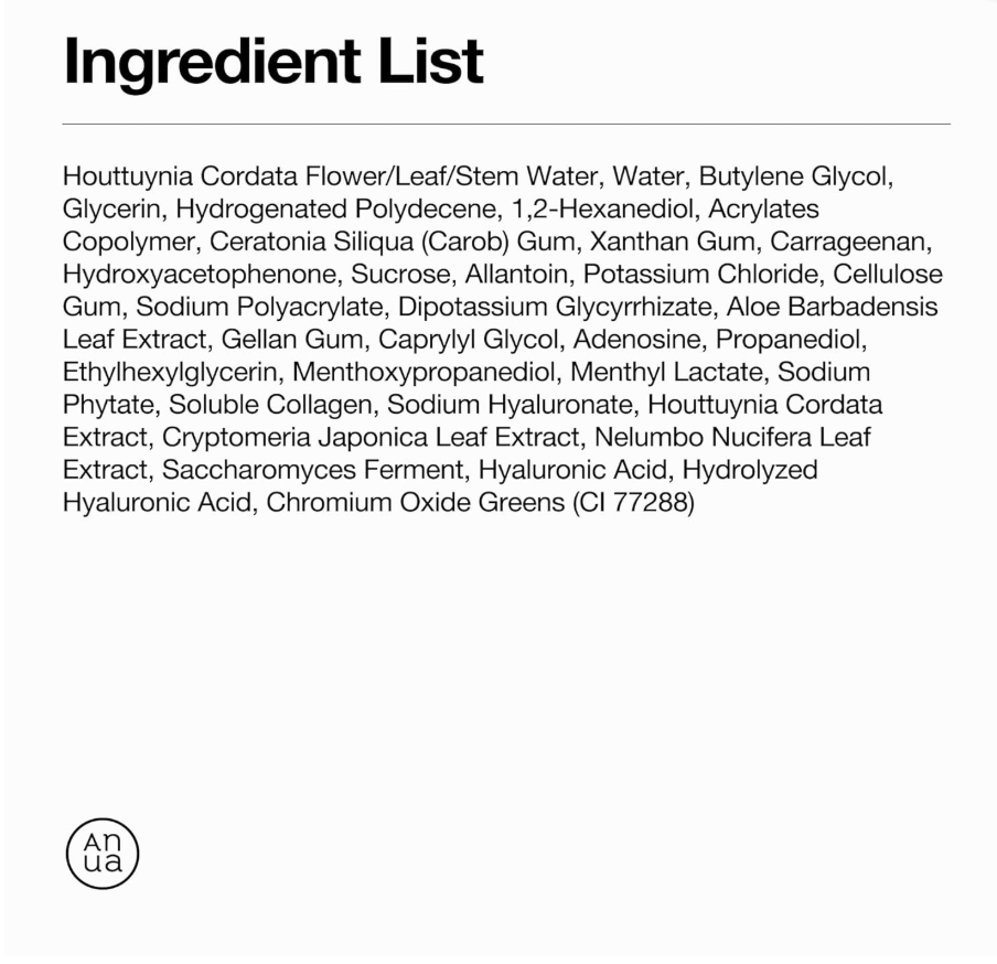Ingredient list on a white background with Anua logo, Anua Heartleaf 70 Soothing Collagen Mask 4ea