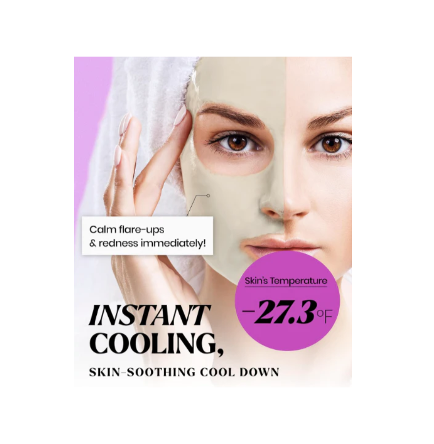 Woman wearing a cooling face mask with text on a white background, Lindsay Lavender Modeling Mask Cup Pack 28g