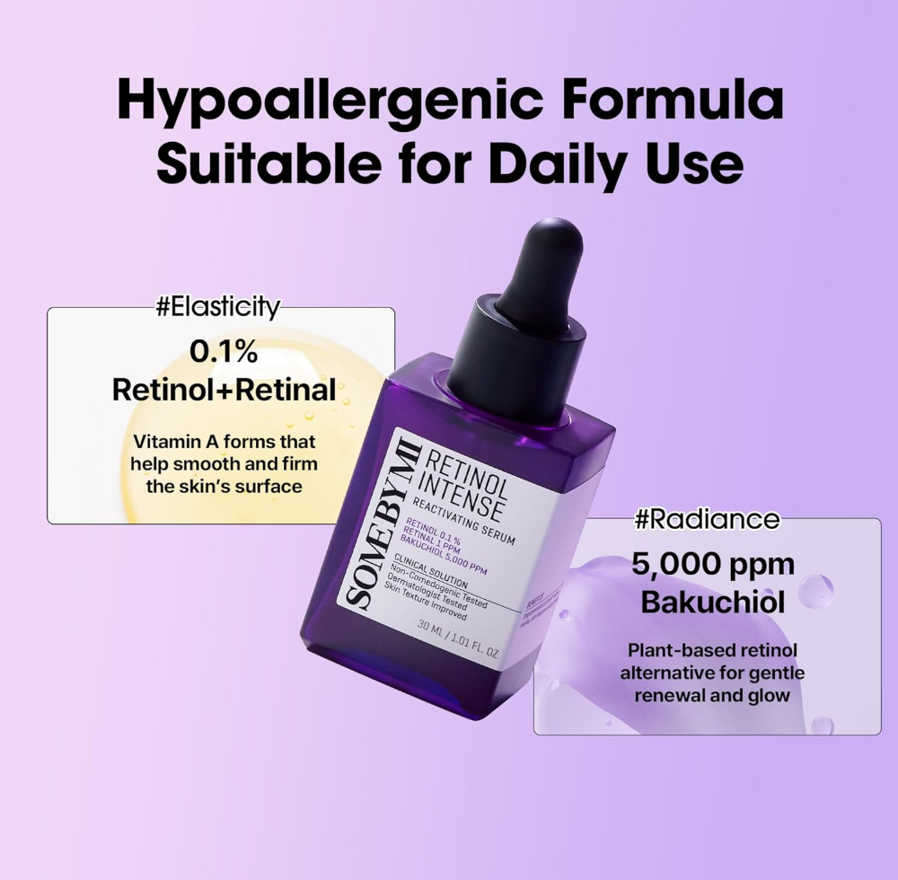 Sonebeam Retinol Intense serum bottle with product details on a purple background, Somebymi Retionol Intense Reactivating Serum 30ml