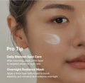 Close-up of a woman's face with skincare product application and text on daily blemish spot care and overnight radiance mask, Dr.Althea Melaclear Cream 20g
