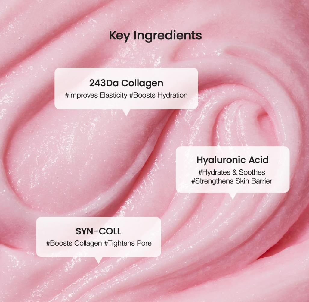 Close-up of pink gel with text labels for key ingredients on a pink background, Biodance Collagen Mask To Foam Cleanser 150ml