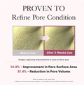 Before and after comparison of pore surface area with text indicating proven refinement and condition improvement, Arencia Red Smoothie Serum 8 30ml