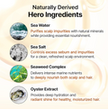 List of naturally derived hero ingredients for hair care with corresponding images and descriptions, Growus Sea Salt Therapy Shampoo 500g