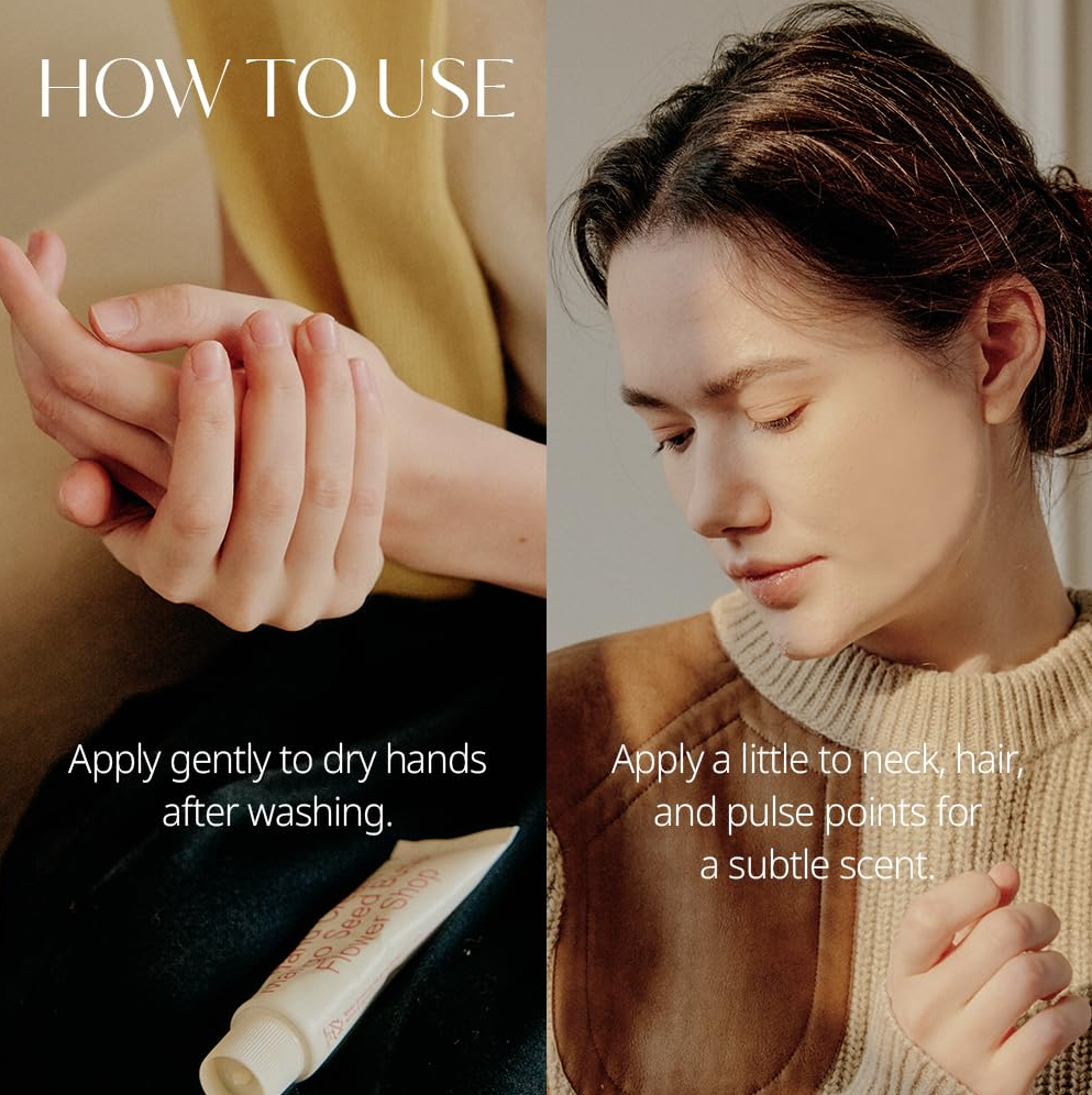 Instructions on how to use a product with close-up of hands and a woman applying it, Hetras Hand Cream Mango Seed Butter Hinoki 50ml