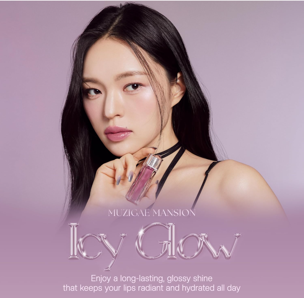 Woman holding a cosmetic product with 'Muzigae Mansion Icy Glow' branding on a purple background, Muzigae Mansion Icy Glow 03 Sway