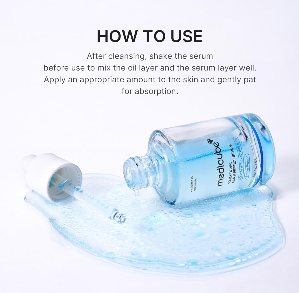 Medicube skincare serum bottle with usage instructions on a white background, Medicube Hyaluronic Multi Peptide Serum 30ml