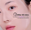 Close-up of a person's face with a transparent mask on, showing text about collagen absorption, BOH Probioderm Collagen Remodeling Serum Gel Mask