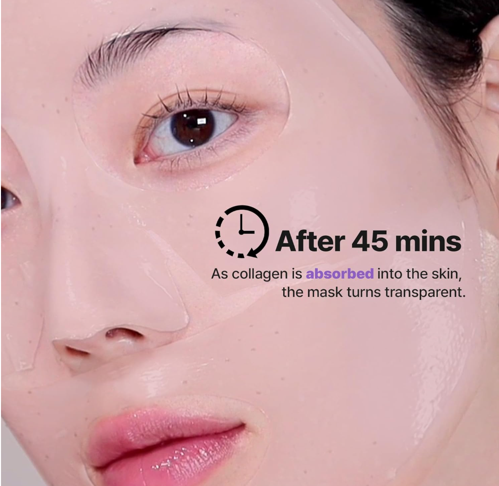 Close-up of a person's face with a transparent mask on, showing text about collagen absorption, BOH Probioderm Collagen Remodeling Serum Gel Mask