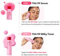 Cosmetic product advertisement with TXA 99 Serum and Milky Toner, featuring a woman applying the products, April Skin TXA Niacinamide 99 Milky Toner 150ml