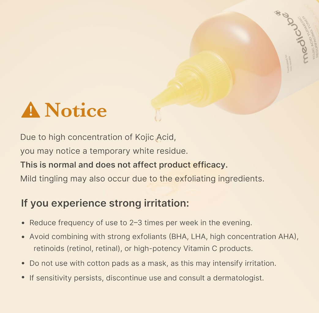 Product label with warning and usage instructions on a beige background, Medicube Kojic Acid Turmeric Resurfacing Toner 250ml