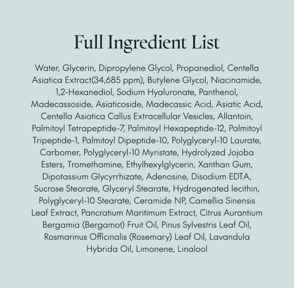 Full ingredient list on a light blue background, Purito Wonder Releaf Centella Serum 60ml