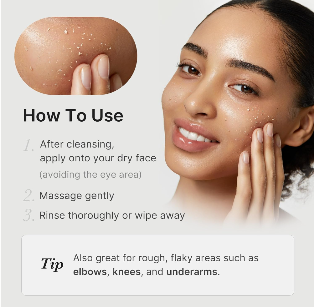 Instructional graphic showing how to use a facial cleansing product. On the left is a close-up of a hand with small white foam bubbles on the skin, and on the right is a smiling woman touching her face, Medicube Hypochlorous Acid Peel Shot 80ml
