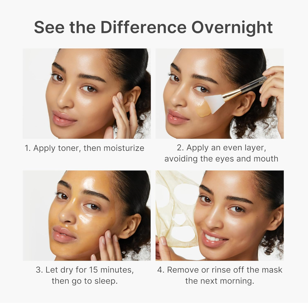 Step-by-step guide on applying a facial mask with images of a woman's face, Medicube Kojic Acid Turmeric Night Wrapping Mask 75ml