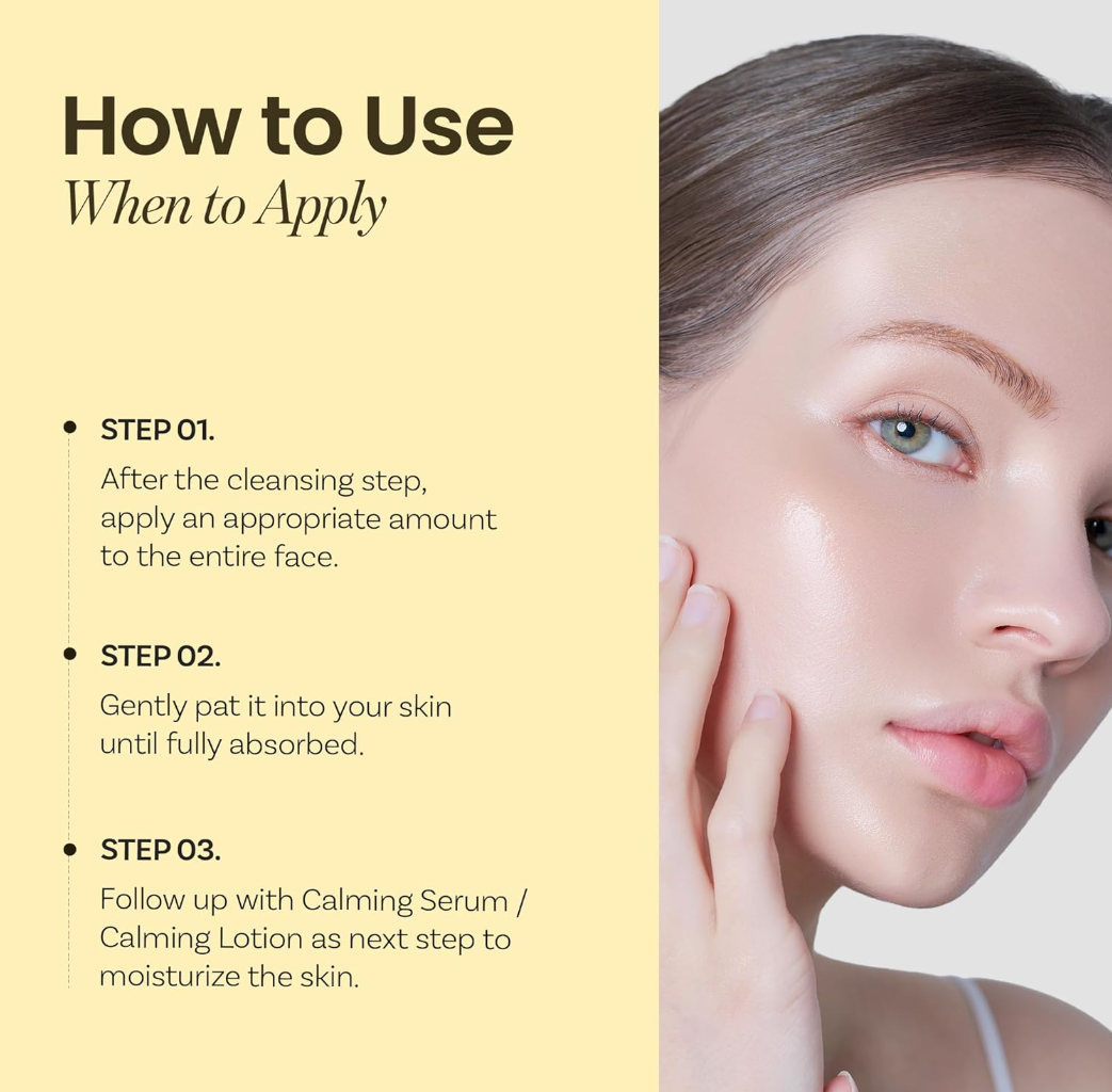 Instructions on how to use a skincare product with a close-up of a woman's face, ONGREDIENTS Skin Barrier Calming Softener 250ml
