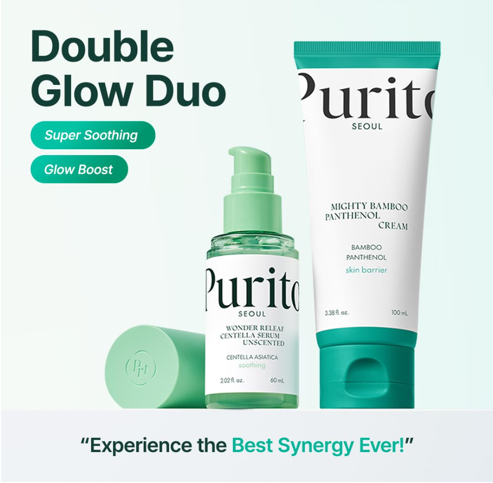 Purito skincare products with 'Double Glow Duo' text on a light green background, Purito SEOUL Wonder Releaf Centella Serum Unscented 60ml
