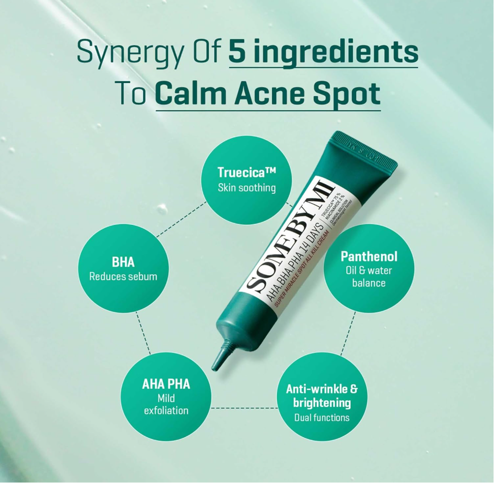 SOME BY MI acness stick with ingredients listed on a light green background, Somebymi AHA.BHA.PHA 14Days Super Miracle Spot All Kill Cream 30ml