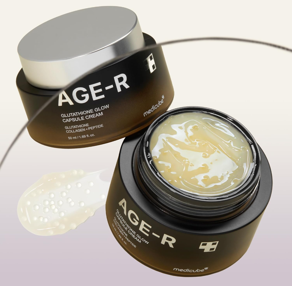 AGE-R Glutathione Glow Capsule Cream jar with cream visible inside on a light gray background, Medicube Age-R Glutathione Glow Capsule Cream 50ml