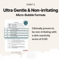 Product packaging with text about ultra gentle and non-irritating micro-bubble formula on a beige background, MENOKIN Cotton Cloud Bubble Cleanser [Pore Clear] 150ml