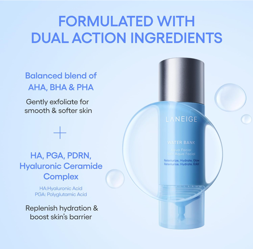 Laneige skincare product with text about dual-action ingredients on a light blue background, Laneige Water Bank Aqua Facial Serum 30ml