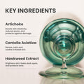 Glass container with green liquid and key ingredients listed on a white background, AXIS-Y Artichoke Intensive Skin Barrier Ampoule 30ml