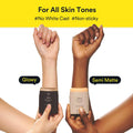 Two hands holding skincare products with text indicating 'For All Skin Tones' and 'No White Cast'.