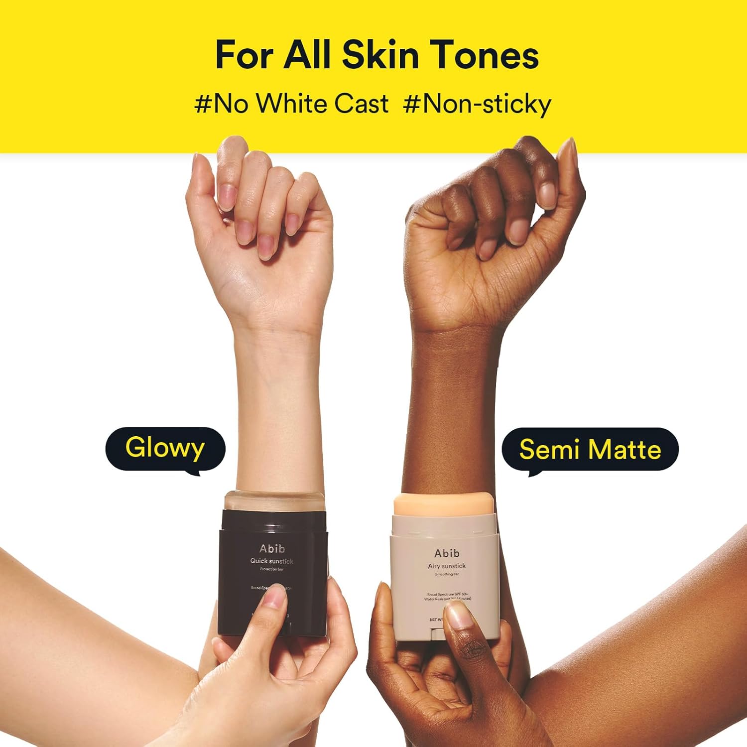 Two hands holding skincare products with text indicating 'For All Skin Tones' and 'No White Cast'.
