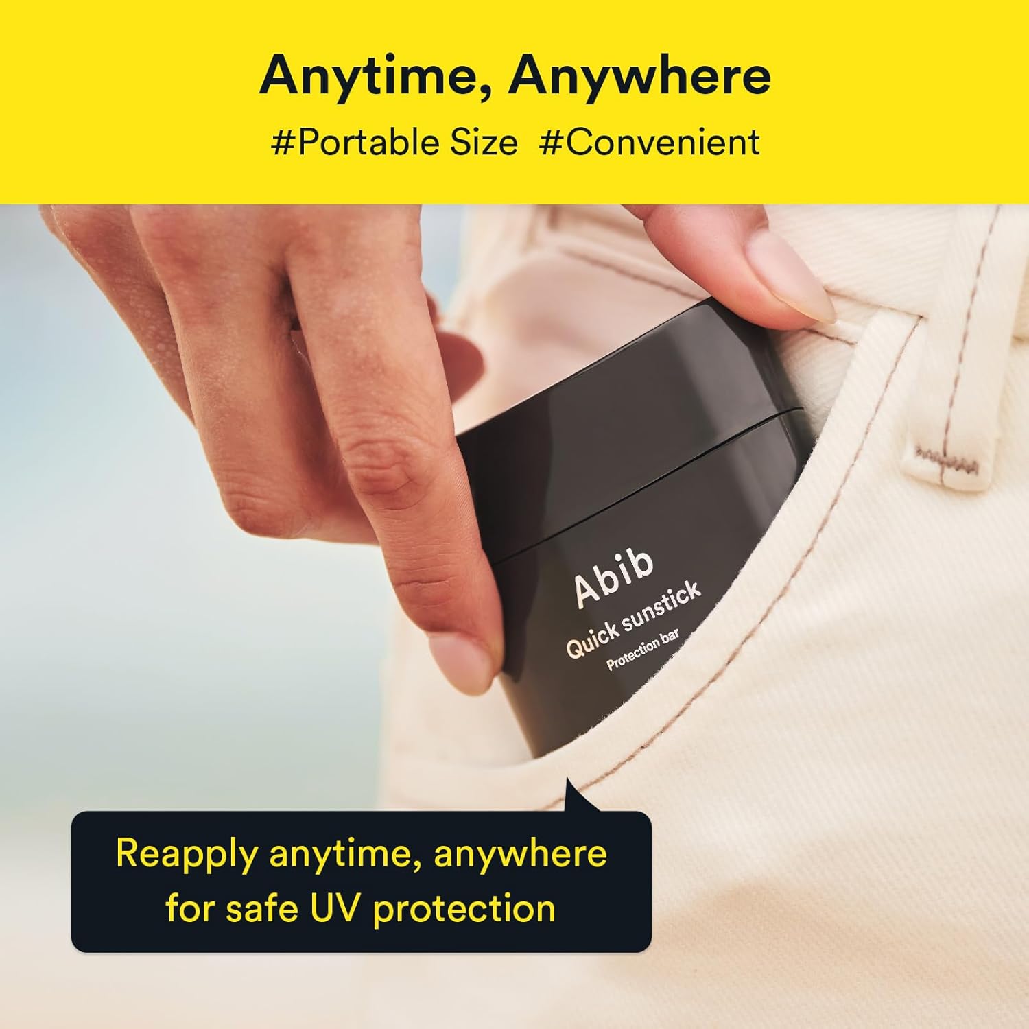 Person putting Abib quick sunstick in pocket with promotional text about convenience and UV protection.