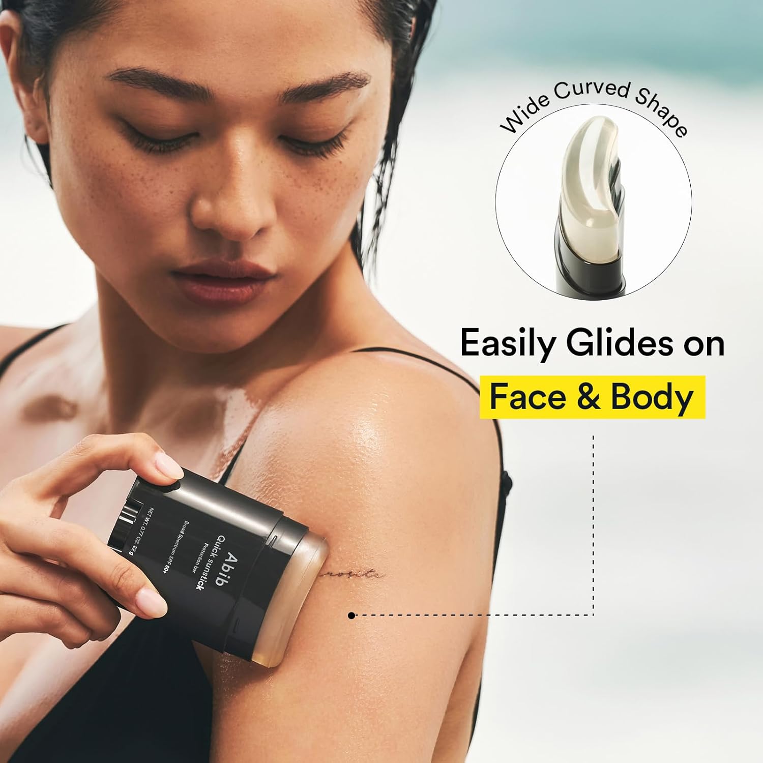 Woman using a hair removal device on her arm with text highlighting its wide curved shape and ease of use.