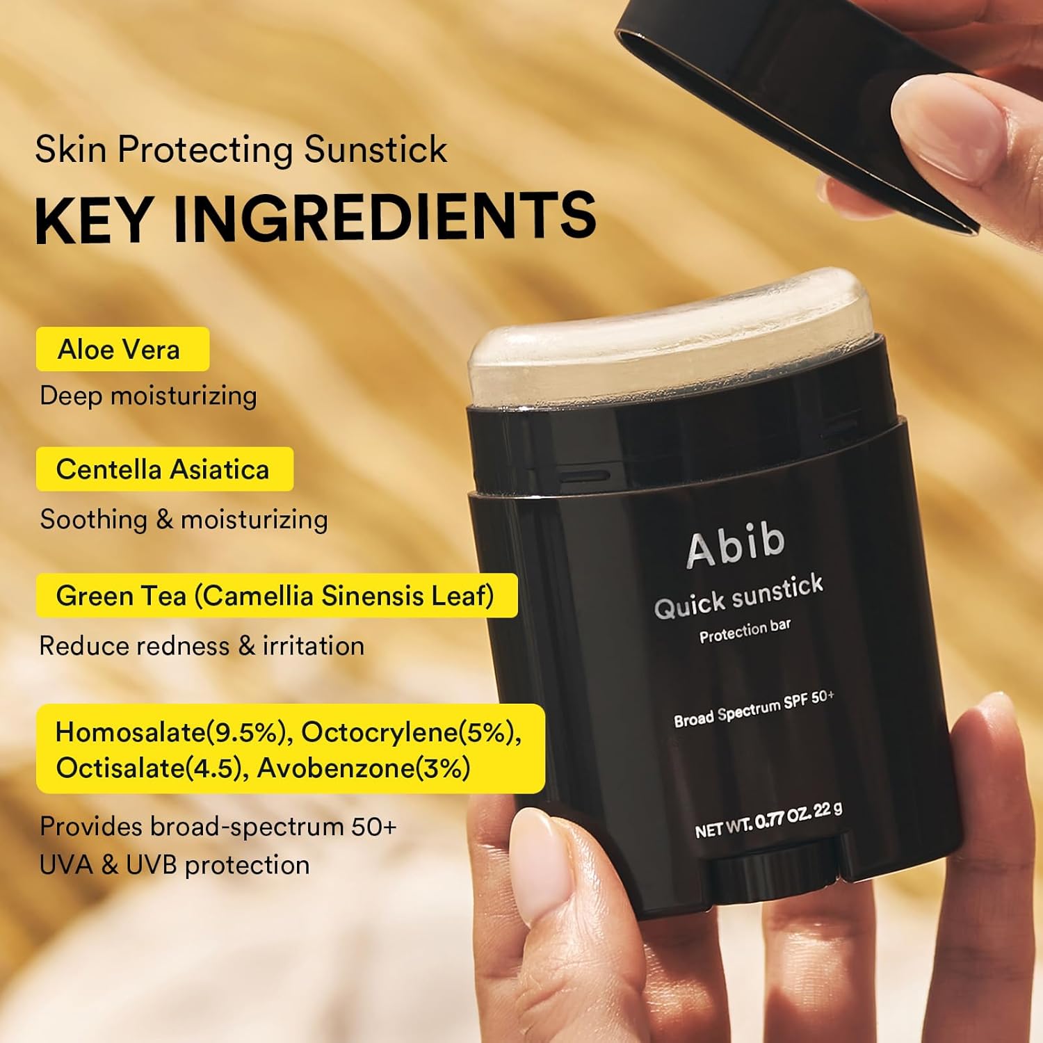 Abib skin protecting sunstick with key ingredients listed on a yellow background
