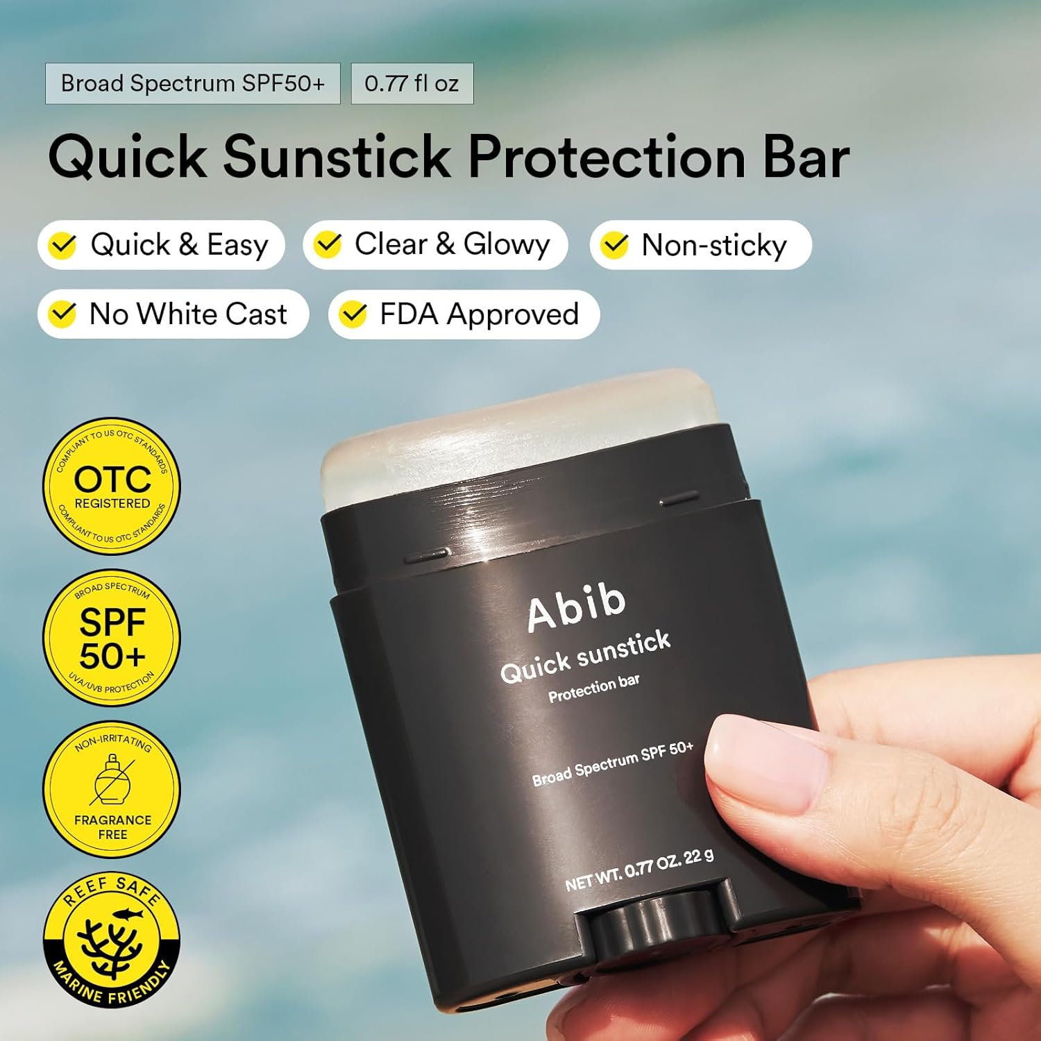 Abib Quick Sunstick Protection Bar with product details on a blurred natural background