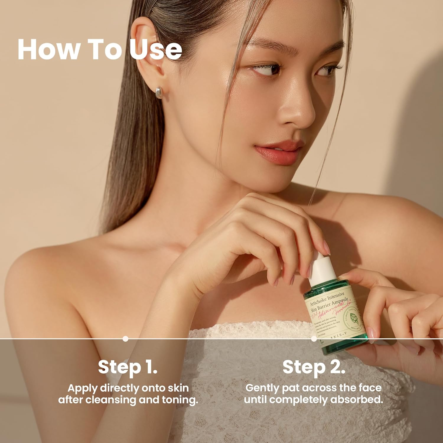 Woman applying skincare product with text on how to use it, AXIS-Y Artichoke Intensive Skin Barrier Ampoule 30ml