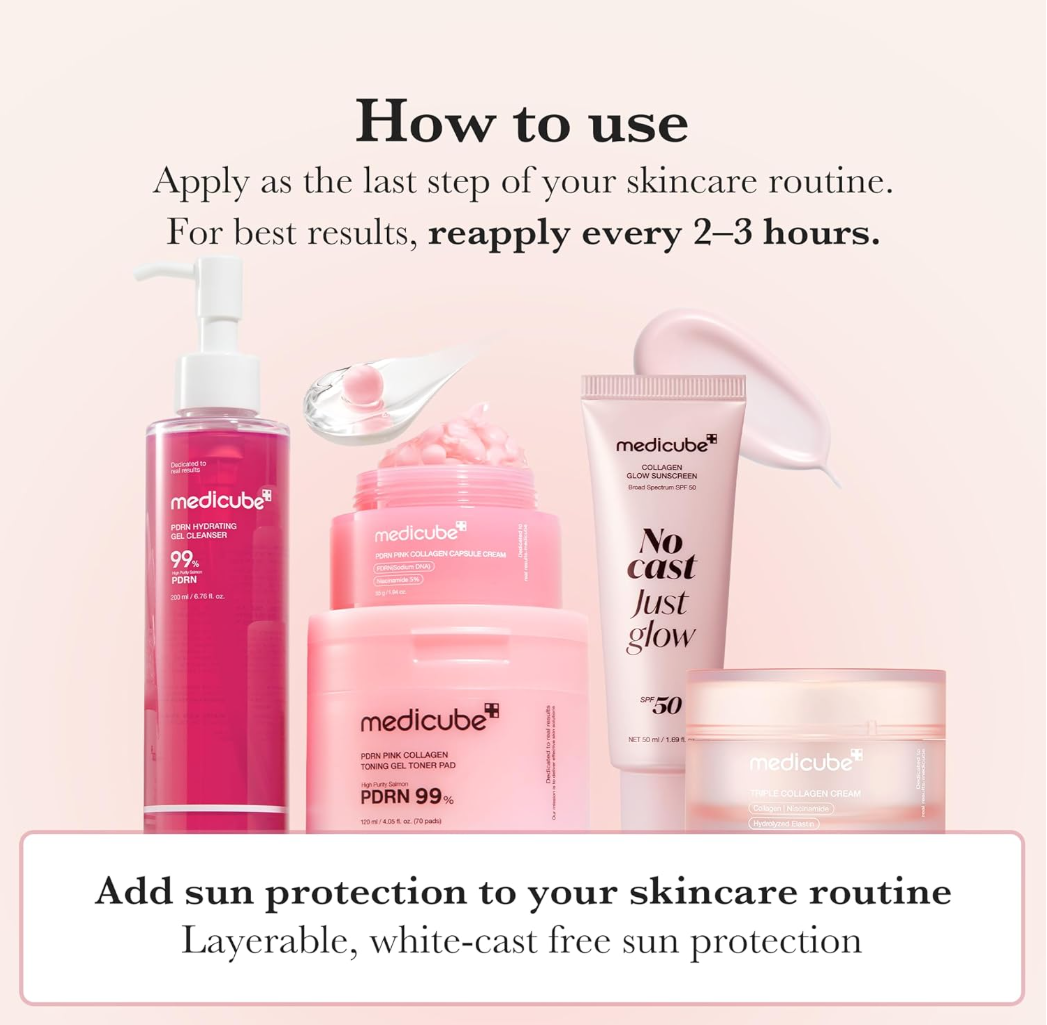 Medicube skincare products with usage instructions on a pink background, Medicube Collagen No Cast Just Glow Sunscreen spf50 50ml