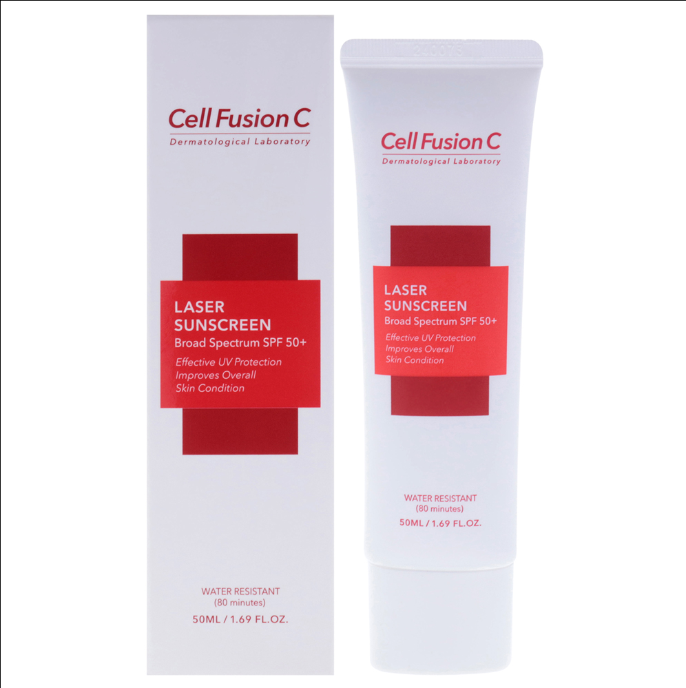 Tube of Cell Fusion C Laser UV Defense Sunscreen on a white background, CellFusionC Laser Sunscreen 50ml