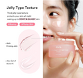 A jar of Abib collagen overnight mask in a translucent pink container is held by a model who is applying a clear jelly-like mask to her cheek. The left side of the image features text and diagrams explaining the jelly texture and ingredients, Abib PDRN Collagen Overnight Mask Face Firming Jelly (2.7fl oz / 80ml)