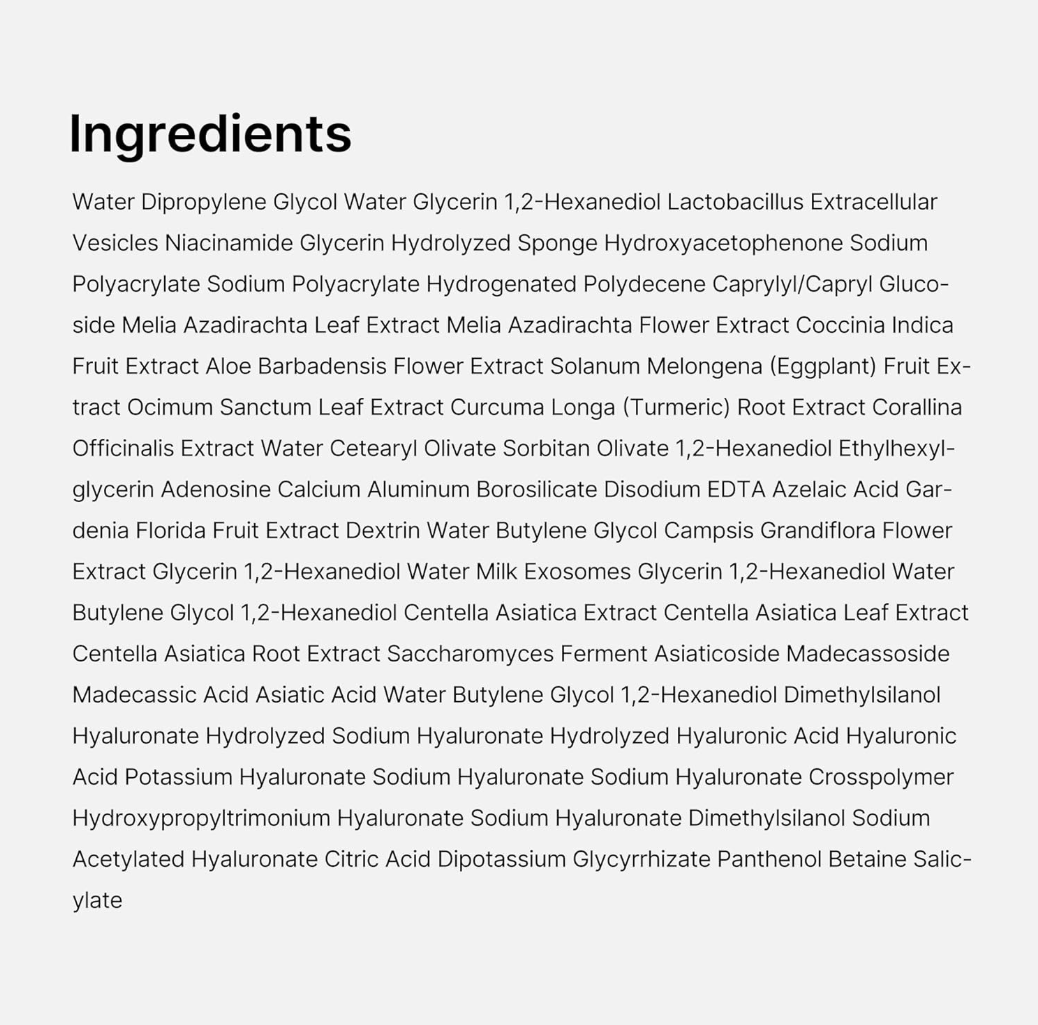 List of ingredients on a white background, Medicube Azelaic Acid Exosome Shot 7500 30ml