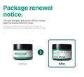 Before and after comparison of a skincare product packaging with text about package renewal notice, Somebymi AHA. BHA. PHA 30 Days Miracle Cream 60g