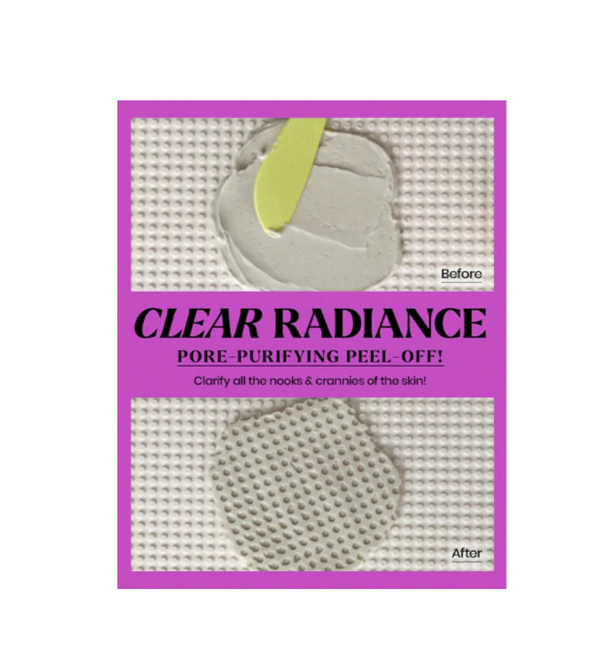 Clear Radiance pore-purifying peel-off mask packaging with before and after images on a white background, Lindsay Lavender Modeling Mask Cup Pack 28g