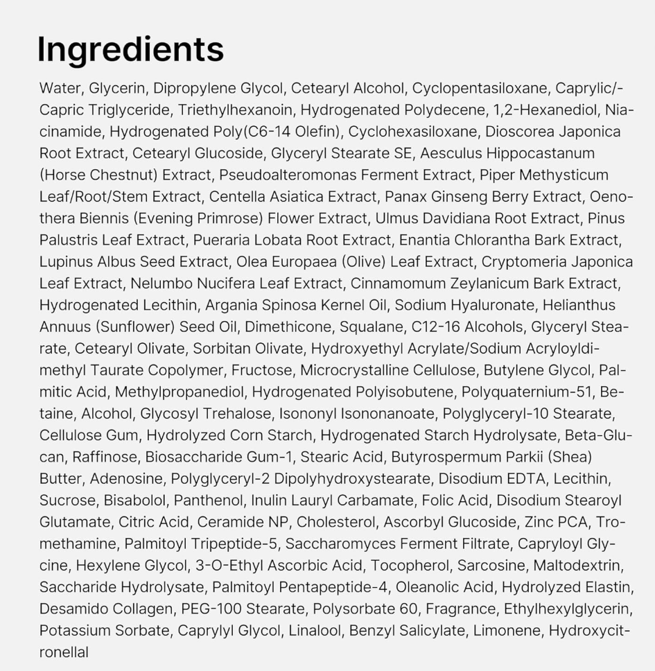 List of ingredients on a white background, Medicube Triple Collagen Cream 50ml